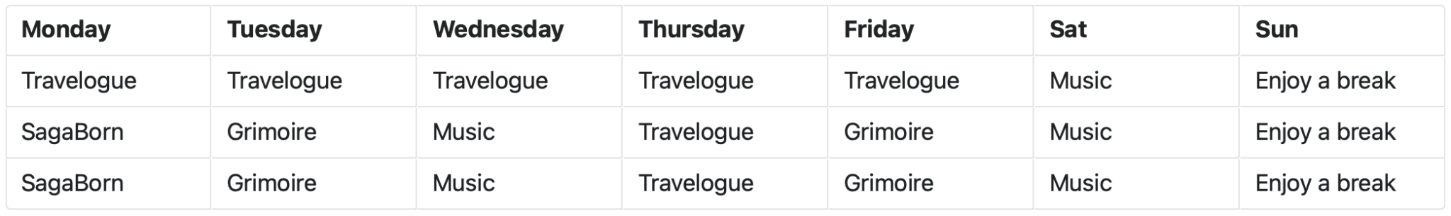 My current schedule table